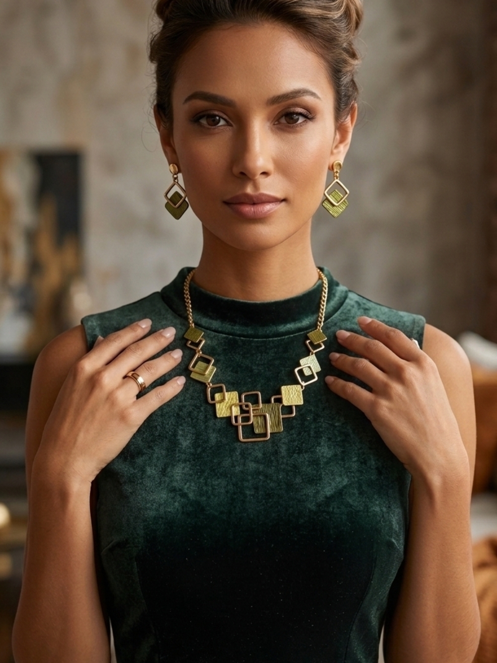 Gold-Tone Green Geometric Necklace & Earring Set - Picture 3 of 8
